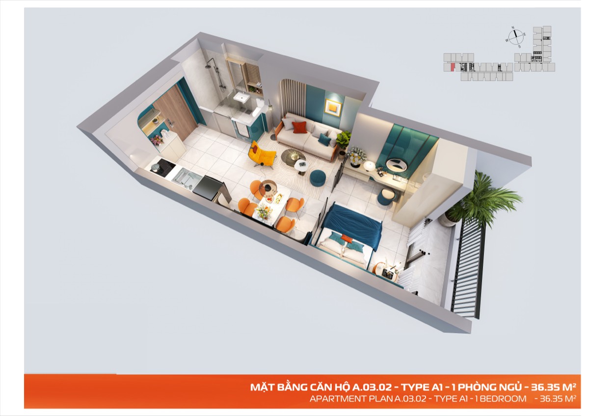 Mặt bằng Type A1 — 1 Phòng ngủ — 36.35 m²