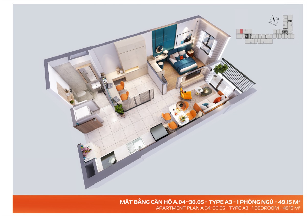 Mặt bằng Type A3 — 1 Phòng ngủ+ — 49.09 m²