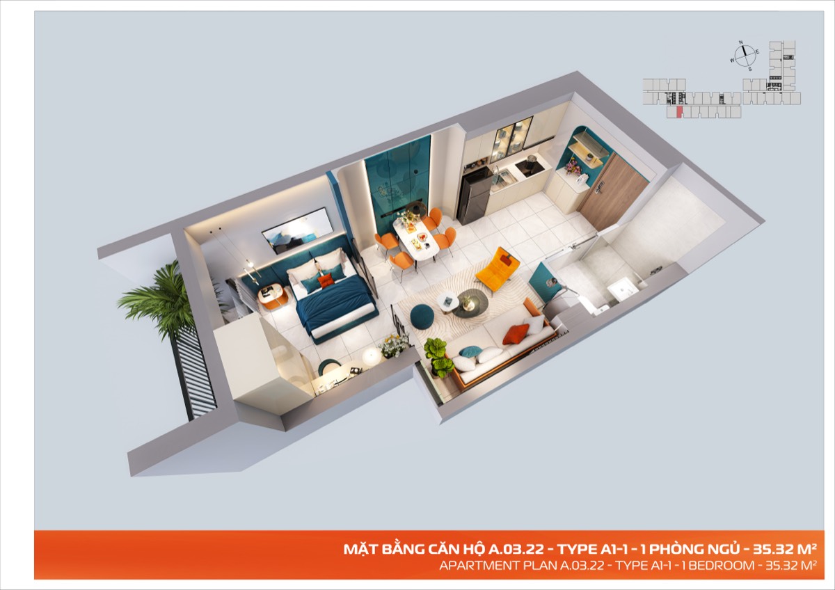 Mặt bằng Type A1-1 — 1 Phòng ngủ — 35.32 m²