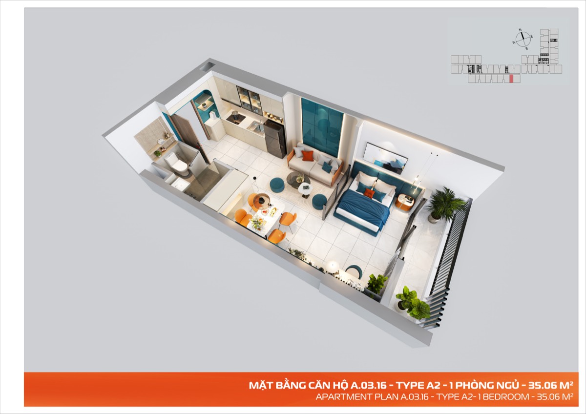 Mặt bằng Type A2 — 1 Phòng ngủ — 35.06 m²