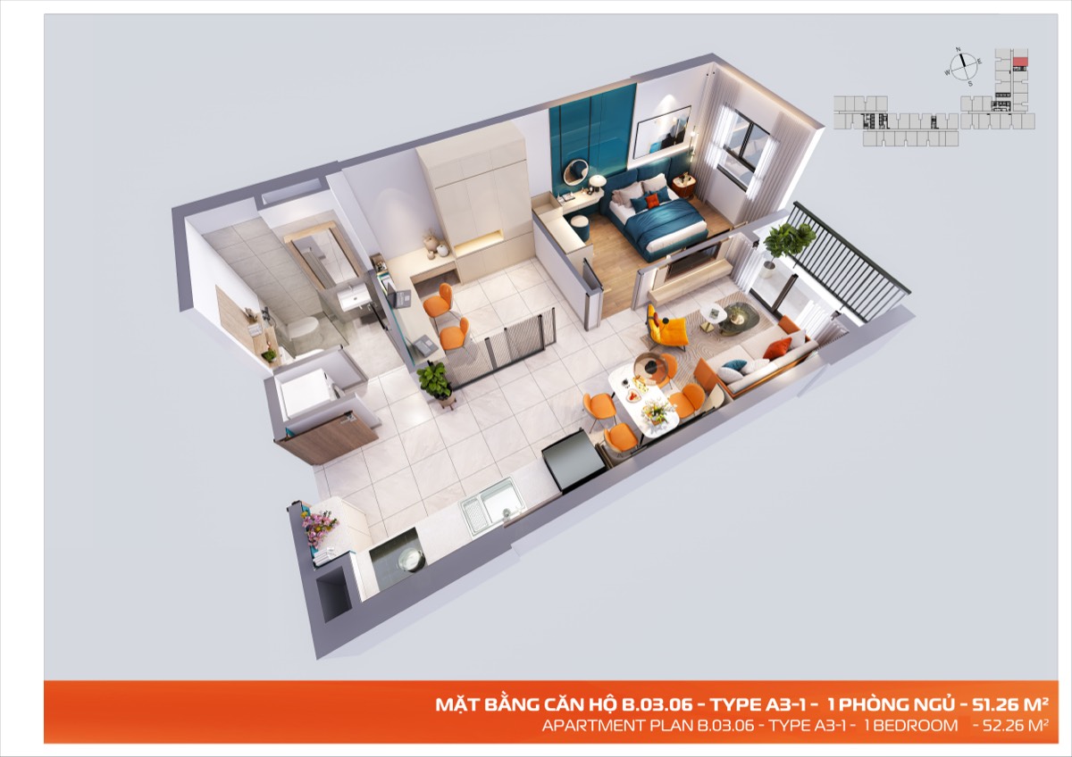 Mặt bằng Type A3-1 — 1 Phòng ngủ+ — 51.26 m²