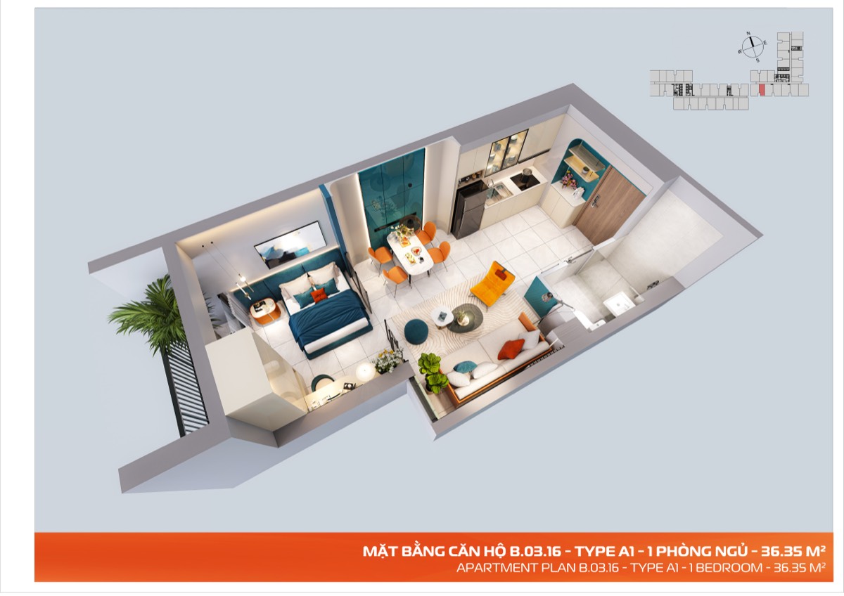 Mặt bằng Type A1 — 1 Phòng ngủ — 36.35 m²